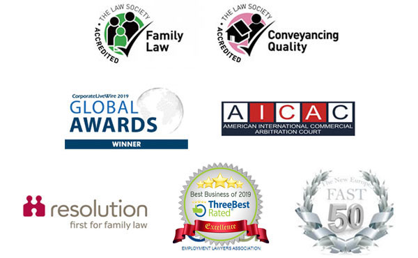 CorporateLiveWire 2019 Global Awards Winner, Family Law Accredited, Conveyancing Quality Accredited, American International Commercial Arbitration Court, Resolution - First for Family Law, ThreeBest Rated - Best Business of 2019, The New Europe Fast 50