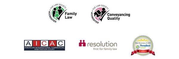 Family Law Accredited, Conveyancing Quality Accredited, The Law Society, Solicitors Regulation Authority, American International Commercial Arbitration Court, Resolution - First for Family Law, ThreeBest Rated - Best Business of 2019