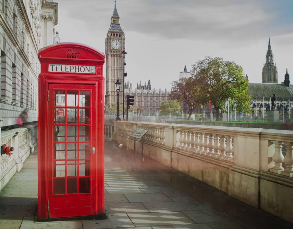 Red phone box in London with Big Ben in the background