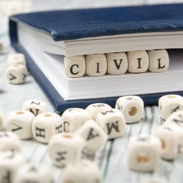 Legal book with letters spelling out Civil